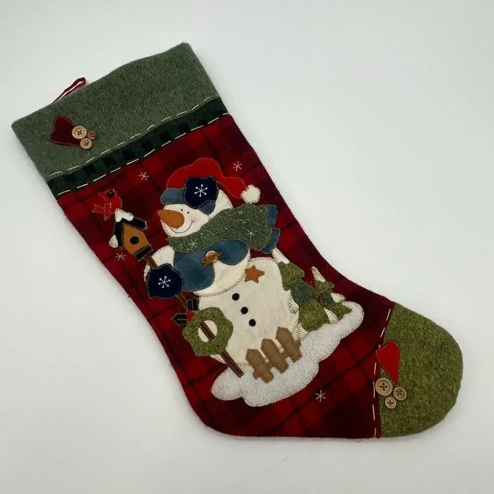 DAN DEE Collectors Choice Christmas Stocking Red Green 3D Snowman Applique Plaid
